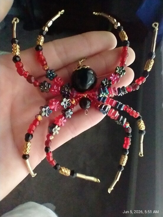 Hand Crafted Jewelry - Hand Crafted • Red & Black Floral Beaded Spider Pendant